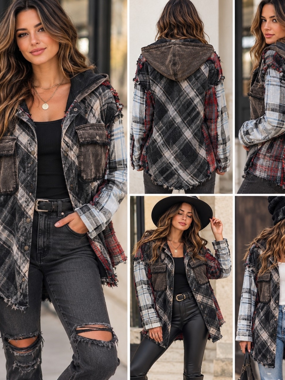 Gilded Intent Buckle Patchwork Plaid Hooded Shacket Grunge Boho Women’s S